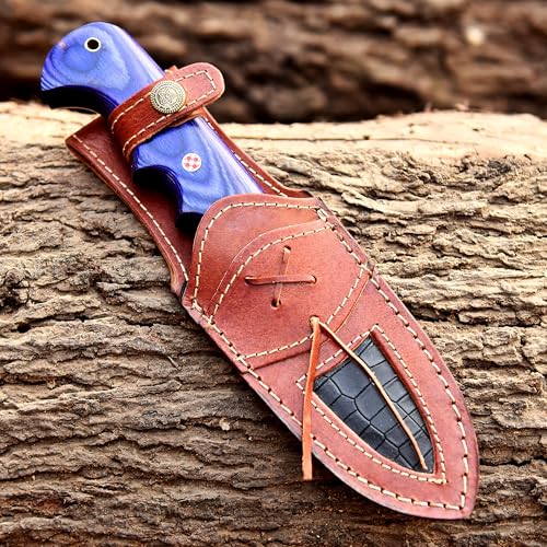 Damascus Hunting Bowie Knife with Leather Sheath - Outdoor Fixed Blade Knife for Camping & Skinning