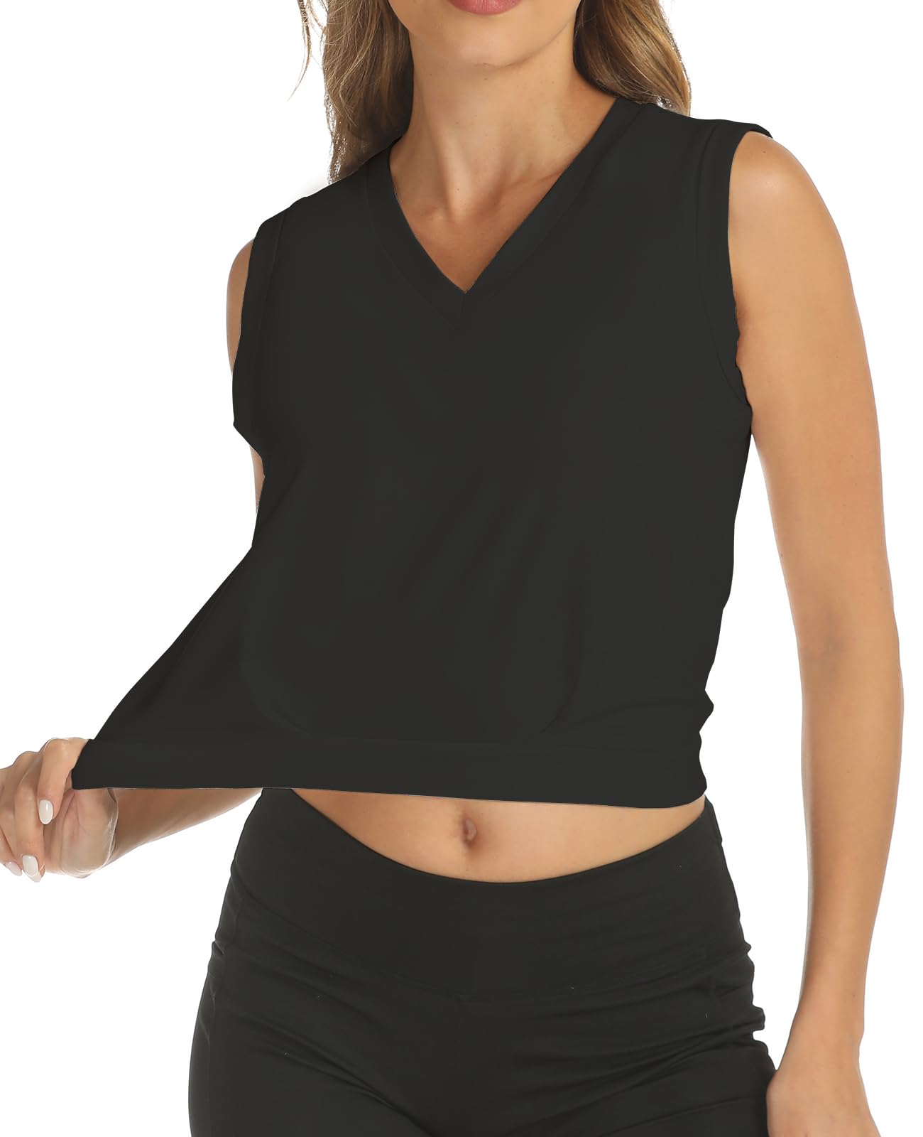 ARRIVE GUIDE Workout Crop Tops for Women Cute Loose Fit Tank Top Casual Summer Yoga Athletic Sports Gym Cotton T Shirts Vneck Black M