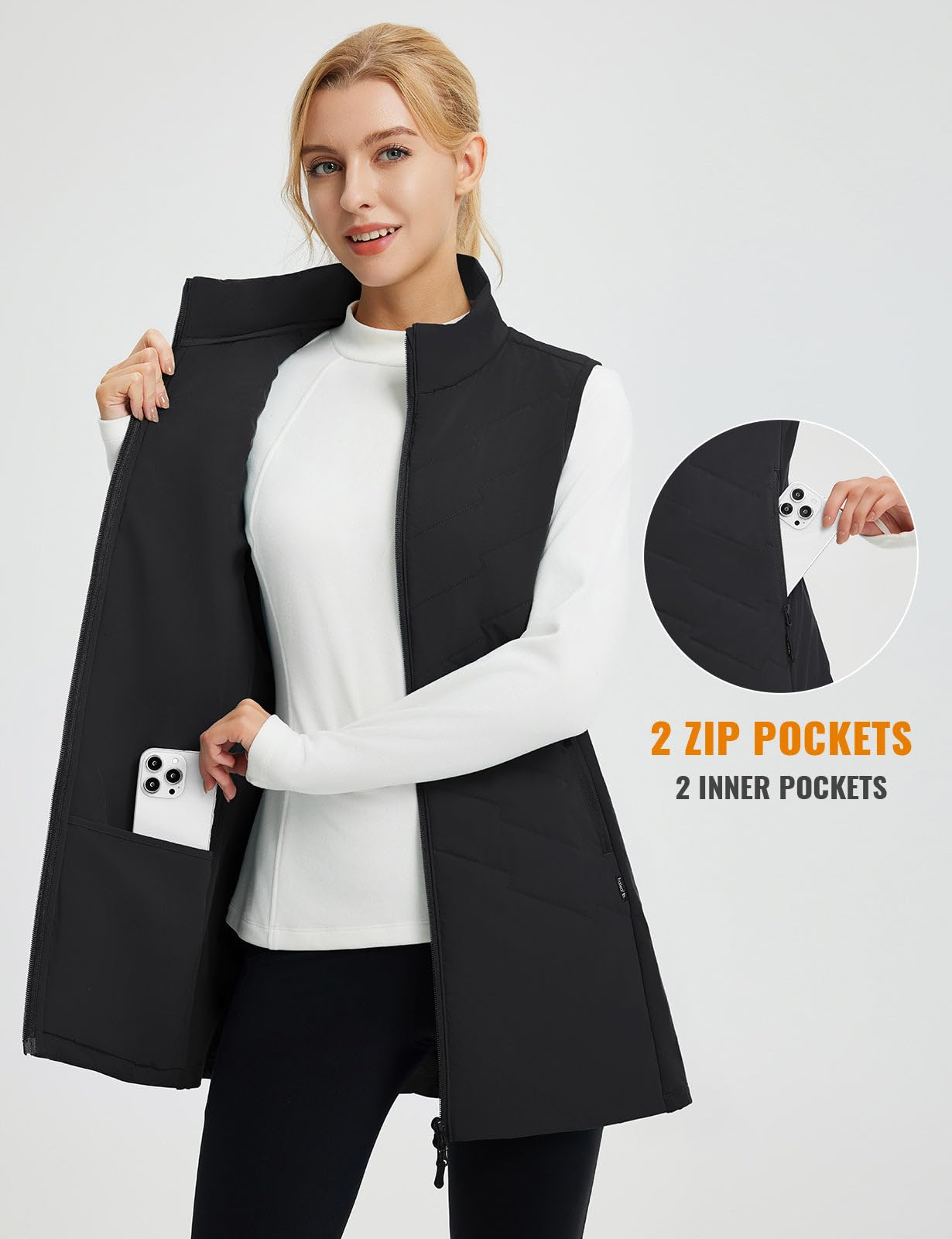 baleaf Running Vest for Women Long Puffer Fall Coat Sleeveless Jacket Outerwear Winter Warm Fleece Hybrid Lightweight Black XL