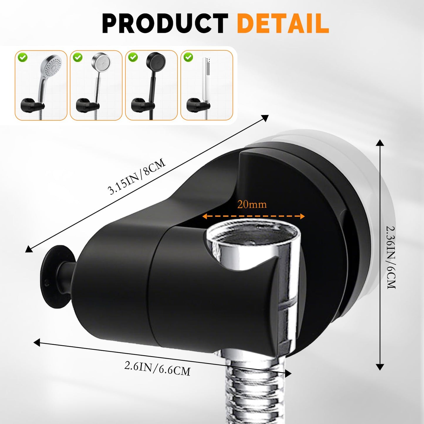 Shower Head Holder, Removable Suction Cup Shower Head Holder Wall Mount Adjustable Handheld Shower Head Bracket, Shower Heads Holder with Convenient Hook, Shower Wand & Hose Holder for Wall (Black)