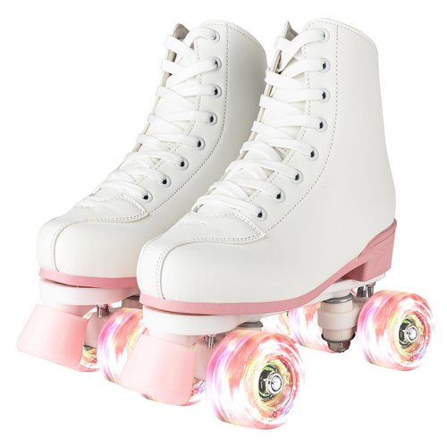 YYW Roller Skates for Women Girls White Pink Roller Skates Light Up Adult Double Row PU Leather Skates for Youth Adult Beginner Outdoor (Pink Flash Wheel,36)