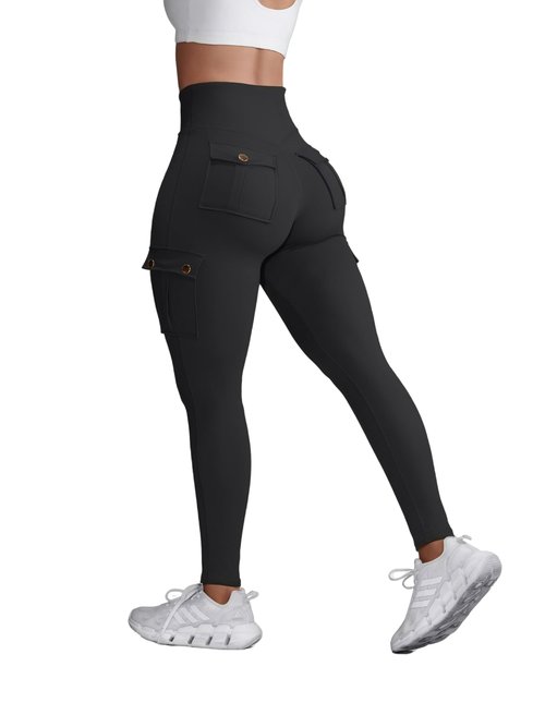 Madrirdma Cargo Leggings with Pockets for Women High Waist Butt Lifting Leggings Tummy Control Yoga Pants Black L