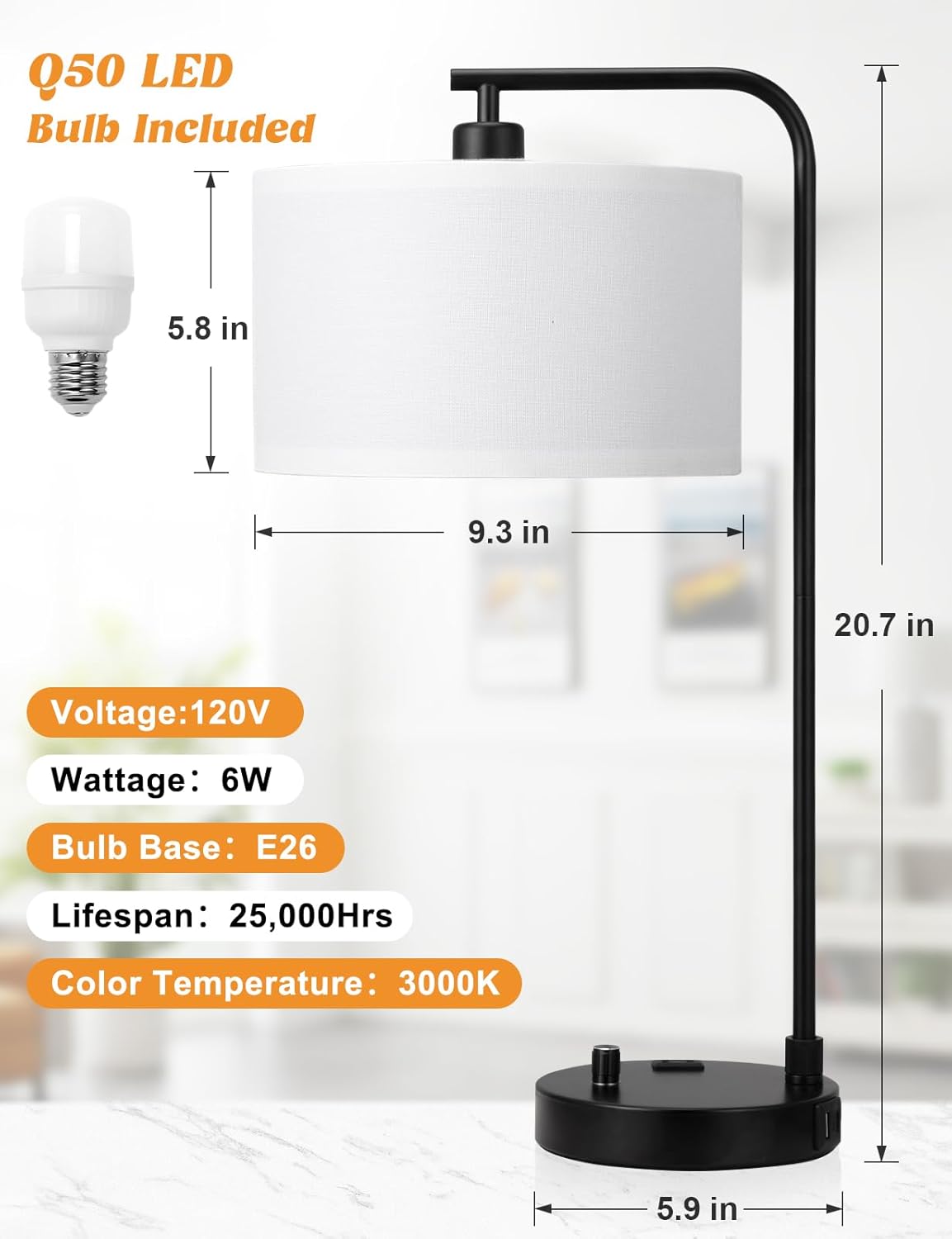 Dimmable Tall Table Lamp with USB Port & Outlet - Linen Shade Bedside Desk Lamp for Bedroom, Living Room, Home Office