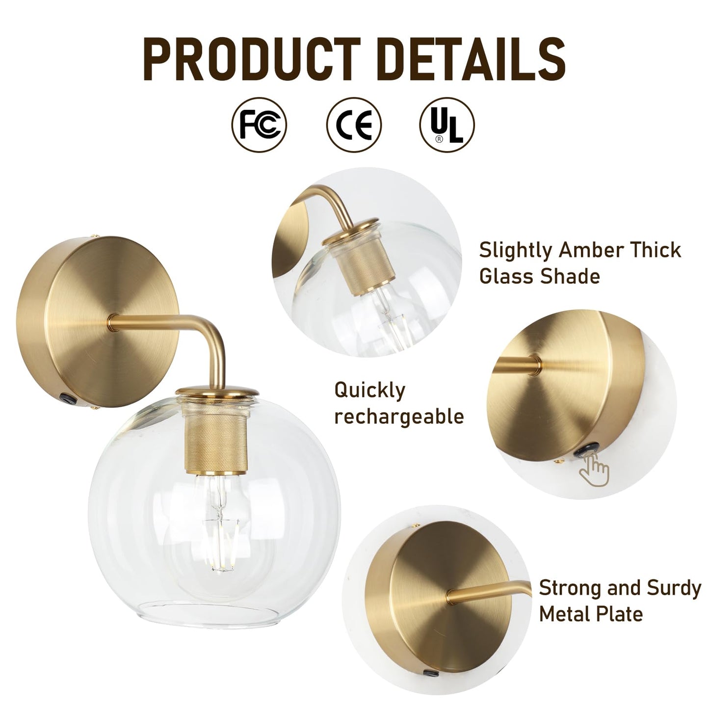 EIDEARAY Gold Vanity Wall Sconces Set of 2, Battery Operated Wall Sconces with Remote, Vintage Gold Wall Lamp with Clear Glass Shade, Industrial Metal Wall Mount Light for Bedroom, Hallway etc