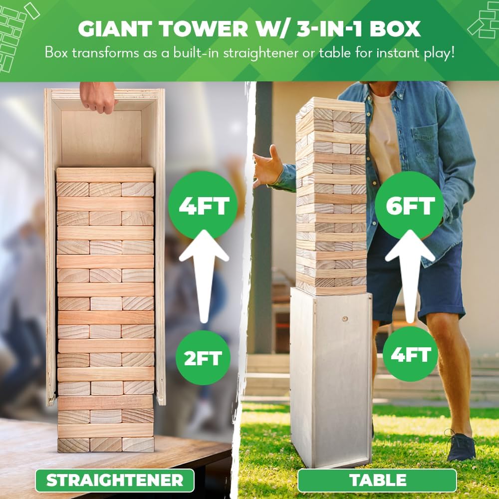 SWOOC Games® - Giant Tower Game with 3-in-1 Straightener & Storage Box - Quick 90% Setup - 2-4ft to Over 6ft