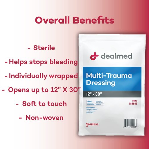 Dealmed 12" x 30" Multi-Trauma Dressing – Sterile Emergency Oversized Pad, Superior Absorbency, Protection and Padding, Wound Care Product for First Aid Kit (Pack of 10)