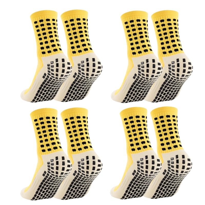 Anti-Slip Grip Soccer Socks for Men - 4 Pairs, One Size - Yellow