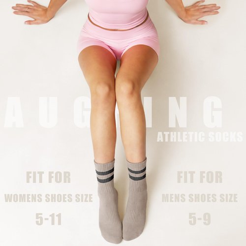 AugRing Women's Striped Cotton Crew Socks Cozy Casual Athletic Quarter Socks for Running & Gym Size 5-11 (US, Numeric, 5, 10, Regular, Regular, 4 Pairs-Light Beige/Grey/Porpoise/Black, Non-Cushioned)