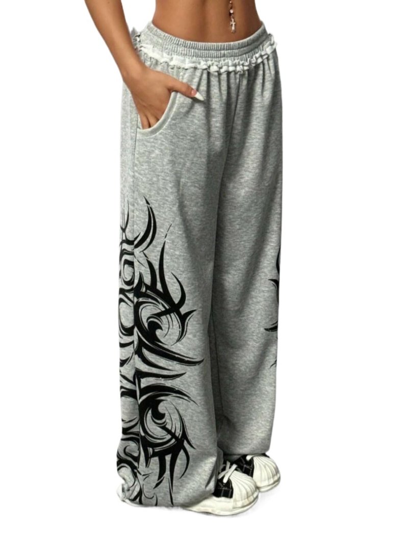 Y2k Wide Leg Baggy Grunge Double Waisted Drawstring Sweatpants Streetwear Women Emo 2000s Star Pants (Flame Gray,Small)
