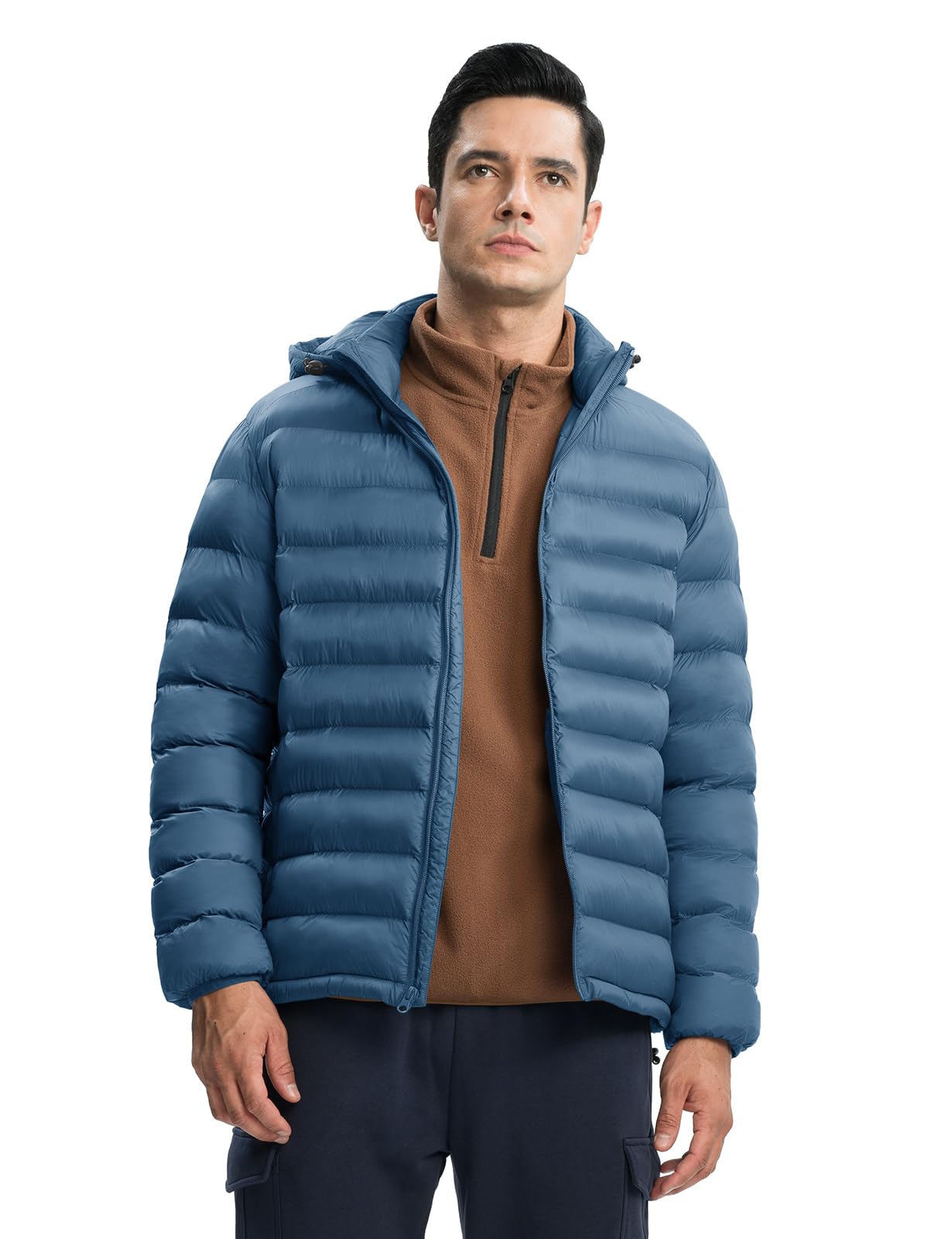 TBMPOY Men's Lightweight Puffer Down Jackets Detachable Hood Water-Resistant Winter Coat Hooded Insulated for Travel Ski Blue M