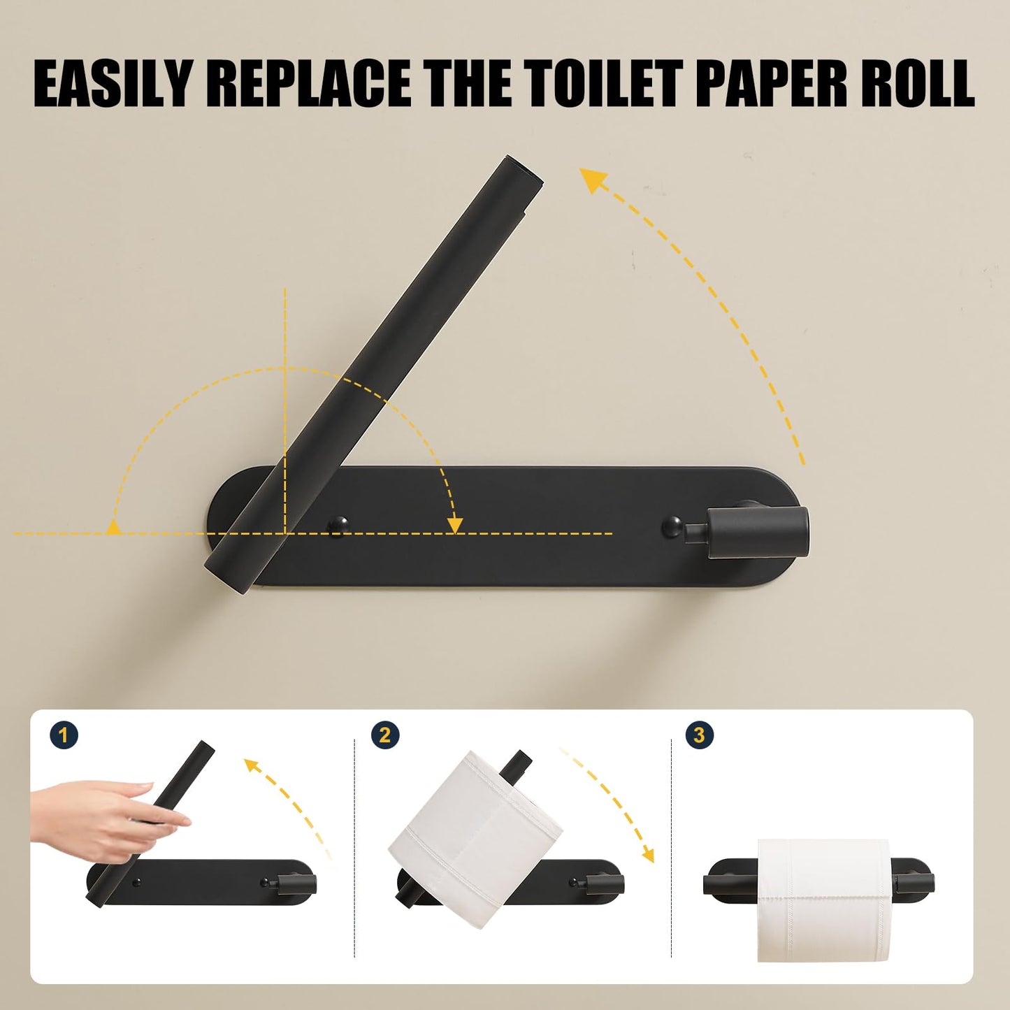 BESy Adhesive or Screw Toilet Paper Holder Wall Mount Rustproof Modern Roll Holder Flexible Pivoting Adjustable Tissue Handle with Self Adhesive or Mounted with Screws Stainless Steel Matte Black