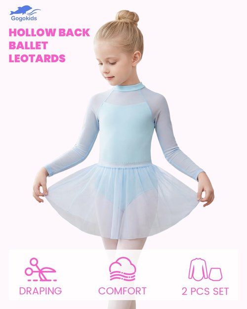 Gogokids Ballet Leotards for Girls Long Sleve Lace Dance Leotards Toddler Dance Dress with Removable Skirt Combo for 3-12 Years