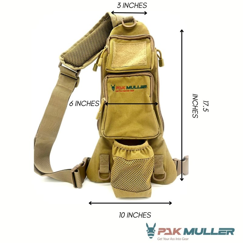 Pak Muller Crossbody Sling Bag Water Bottle Holder, RFID Back Pocket, Travel, Hiking, Everyday Go Bag, Chest Bag, Unisex, Slim Profile, Mid-Size (Black)