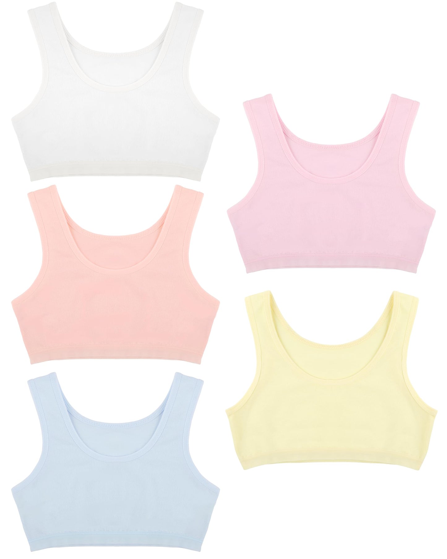 Donella Girls Training Bras - Soft Cotton Kids Sports Bra, 5 Pack Crop Tops, Bright Colors, Age: 12-13