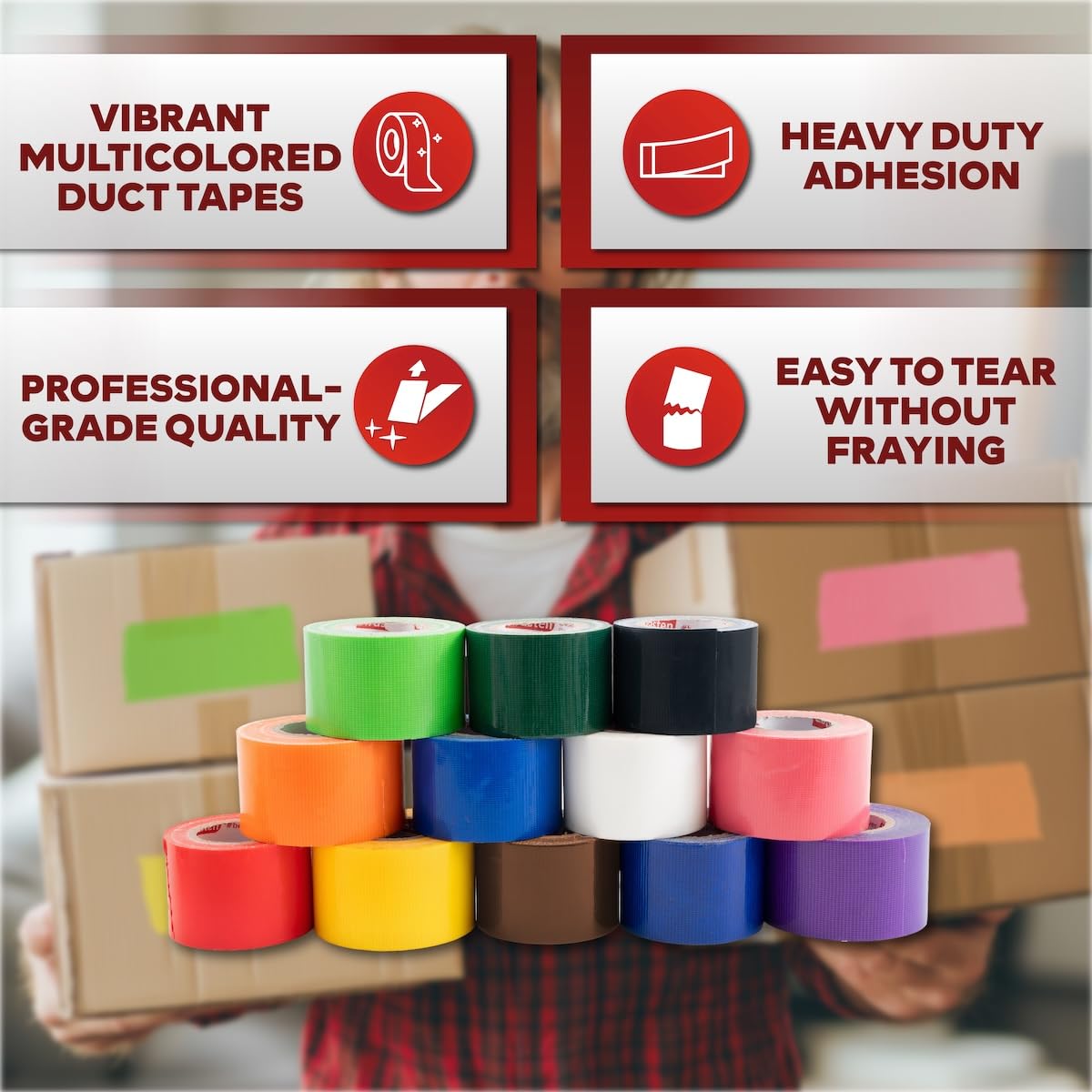 XFasten Rainbow Colored Duct Tape Heavy Duty 12-Pack 10 Yards x 2 Inch, Colored Duct Tape Variety Pack Bulk, Waterproof, Vibrant Colors, Easy Tear, Writable, Residue-free for Crafts, Labeling, Packing