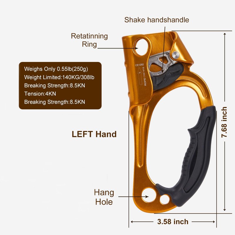 RESQT Hand Ascender, Rock Climbing Tree Arborist Rappelling Gear Equipment Rope Ascender Rope Clamp for 8~13MM Rope(Right Hand-Orange)