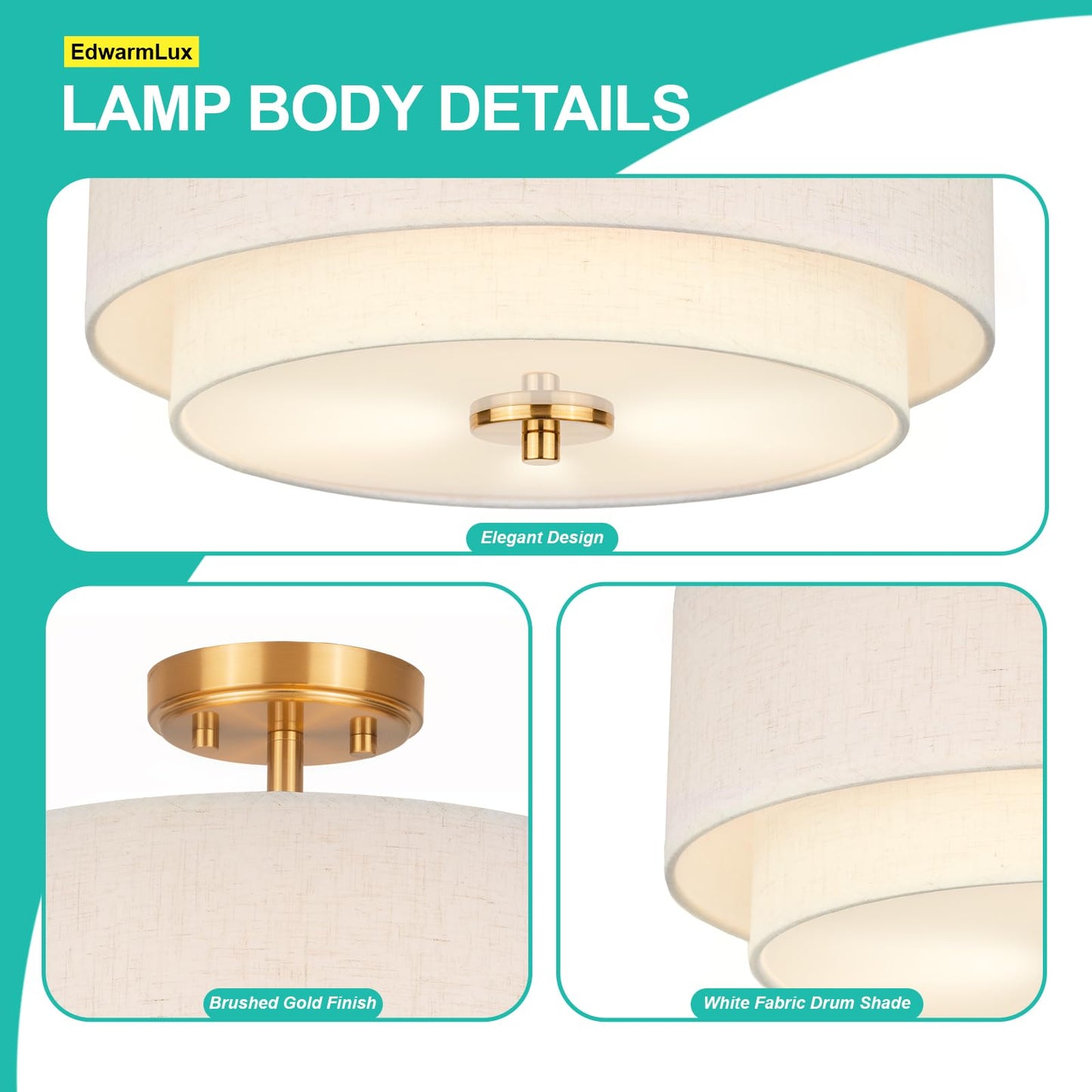 Edwarmlux 3-Light Semi Flush Mount Ceiling Light, 16" Drum Light with White Fabric Shade, Modern Close to Ceiling Lamp for Living Room Bedroom Dining Kitchen Hallway Entry (Brushed Gold)