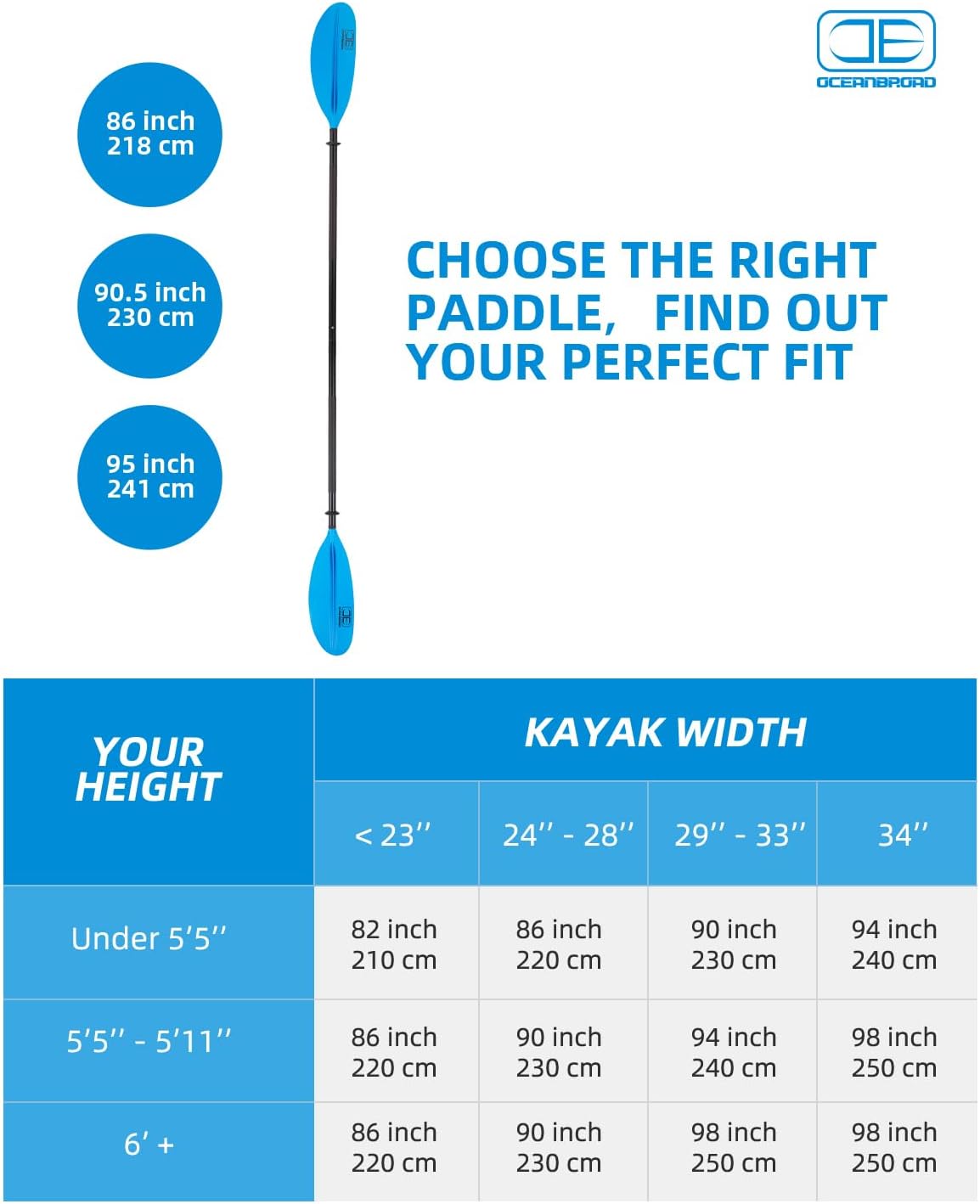 OCEANBROAD Kayak Paddle - Lightweight Alloy Shaft with Paddle Leash | Available in 86in, 90.5in, 95in