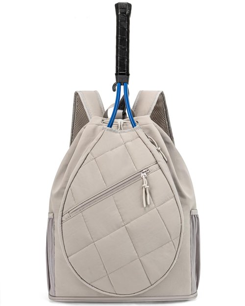 ecosmile Drawstring Tennis Backpack, Puffer Tennis Racket Bag with Shoe Compartment & Wet Pocket Gym Bag for Women, Suitable for Pickleball Tennis Badminton (Camel)