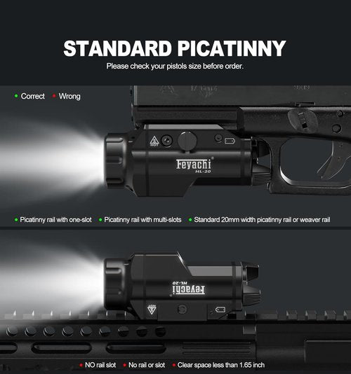 Feyachi HL-20 Pistol Light - 1500 Lumen LED Tactical Flashlight for Handguns | Compact Rail-Mounted, Black