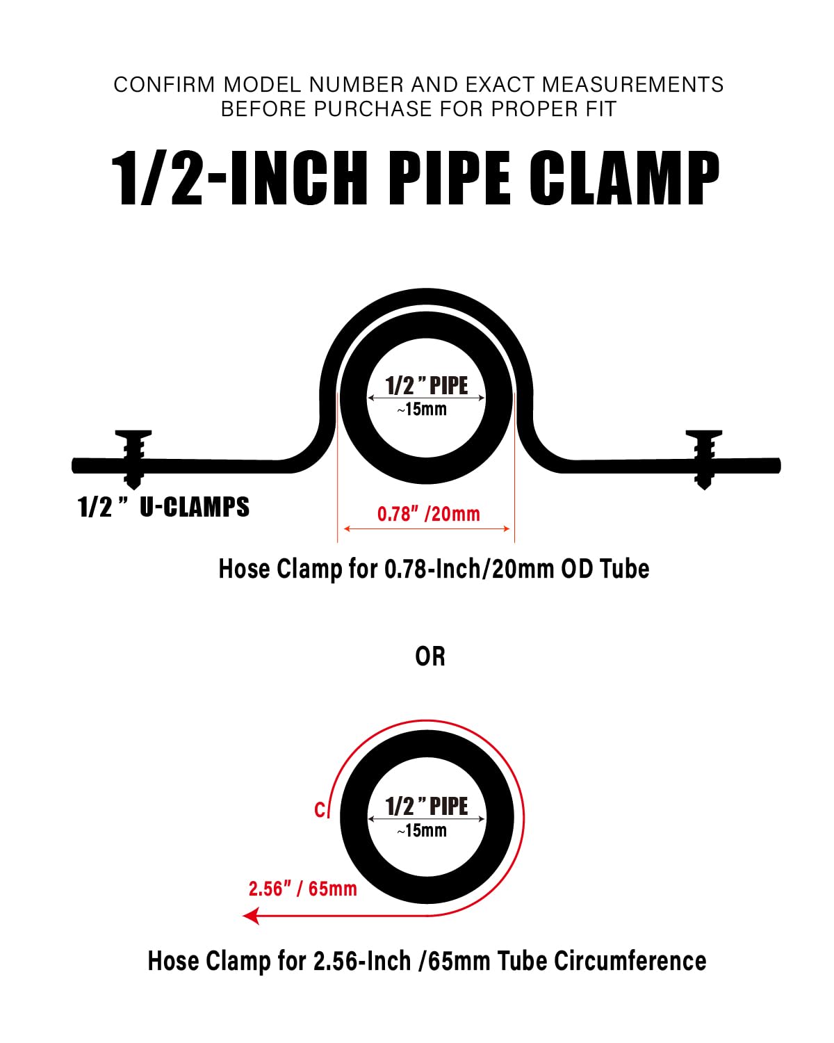 AGUTEA Black Durable U-Clamps Metal Pipe Clamps Double Hole Double Hole Pipe Strap DIY U-Bracket (Pack of 6) (1/2 INCH)