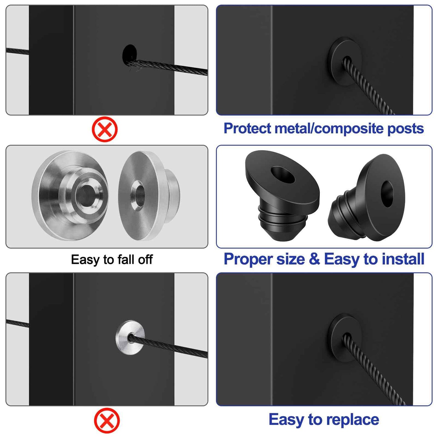 BLIKA 50 Pack 30 Degree Cable Railing Rubber Grommets for 1/8" 5/32" 3/16" Cables for Metal Cable Railing Posts, 30 Degree Angle Beveled Protector Sleeves, 1/8" Cable Railing Grommet, BL10-A