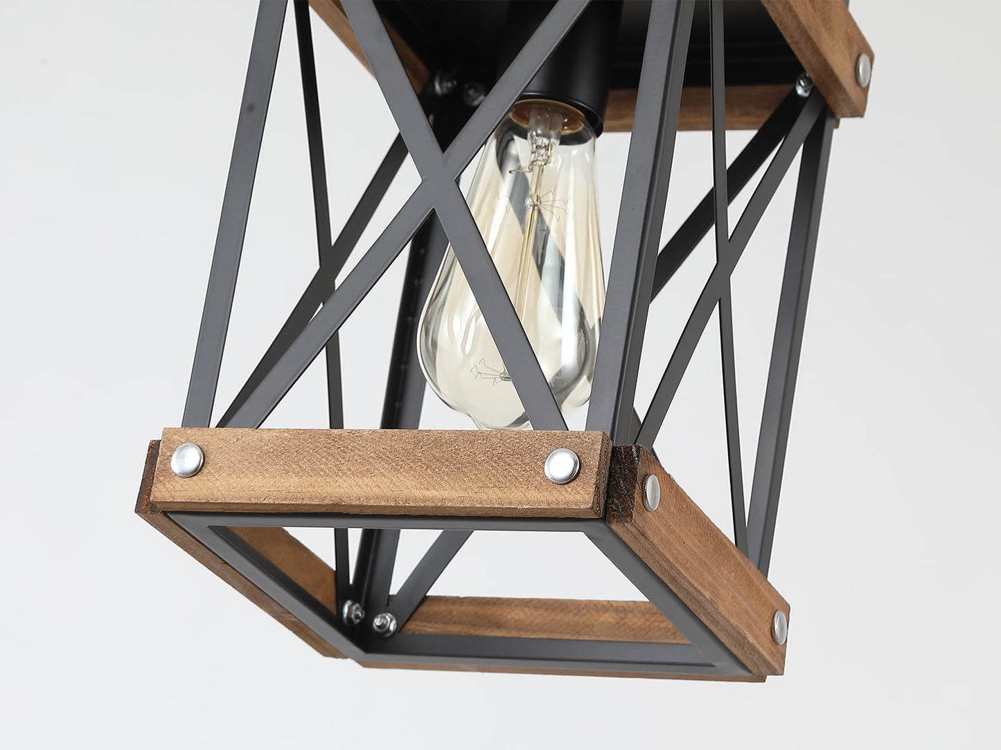 2 Pack Rustic Farmhouse Plug in Pendant Light Fixture with Adjustable Chain, Oak Wood and Metal Lantern Cage Mini Hanging Lamp for Kitchen Island Living Room Hallway Farmhouse Bar, Black