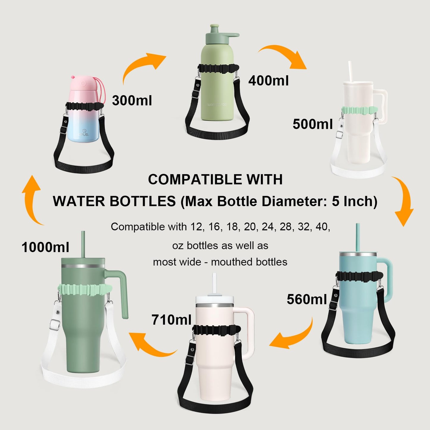 2 Pieces [Black+Green] Silicone Water Bottle Straps, 28.5" Internal Adjustable Water Bottle Holder Straps, Strong and Durable Thick Silicone Material for Stanley 40/30 Ounce Water Bottle Sling