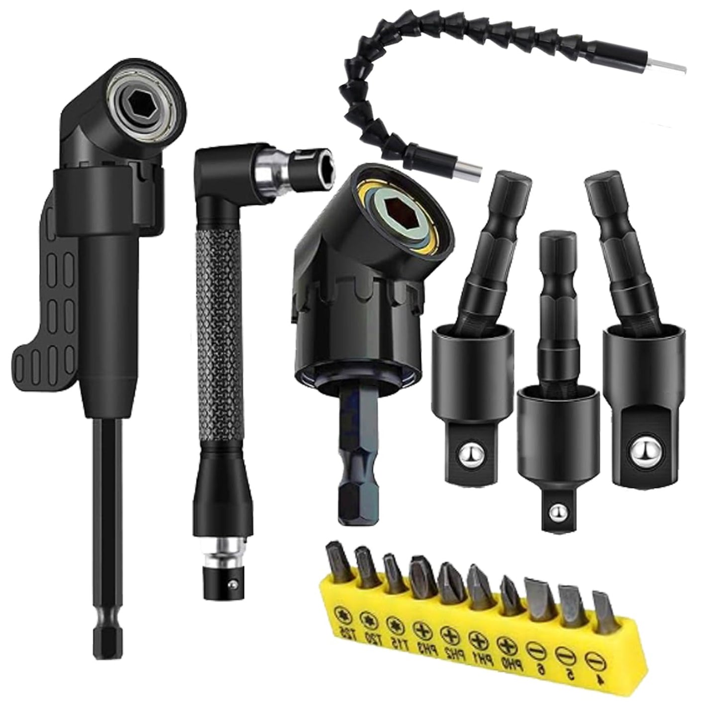 17-Pieces Flexible Drill Bit Extension Set with 3 rotatable socket adapters, 2 hex shank 105° right angle drill attachments, 10 short screwdriver bits, and a 90° angled bit with a flexible extension