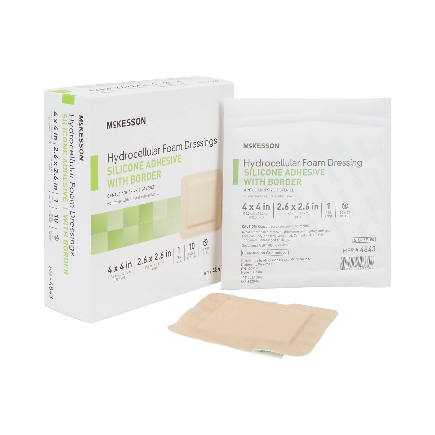 McKesson Hydrocellular Foam Dressings, Sterile, Silicone Adhesive with Border, Dimension 4 in x 4 in, Pad 3 in x 3 in, 10 Count, 1 Pack