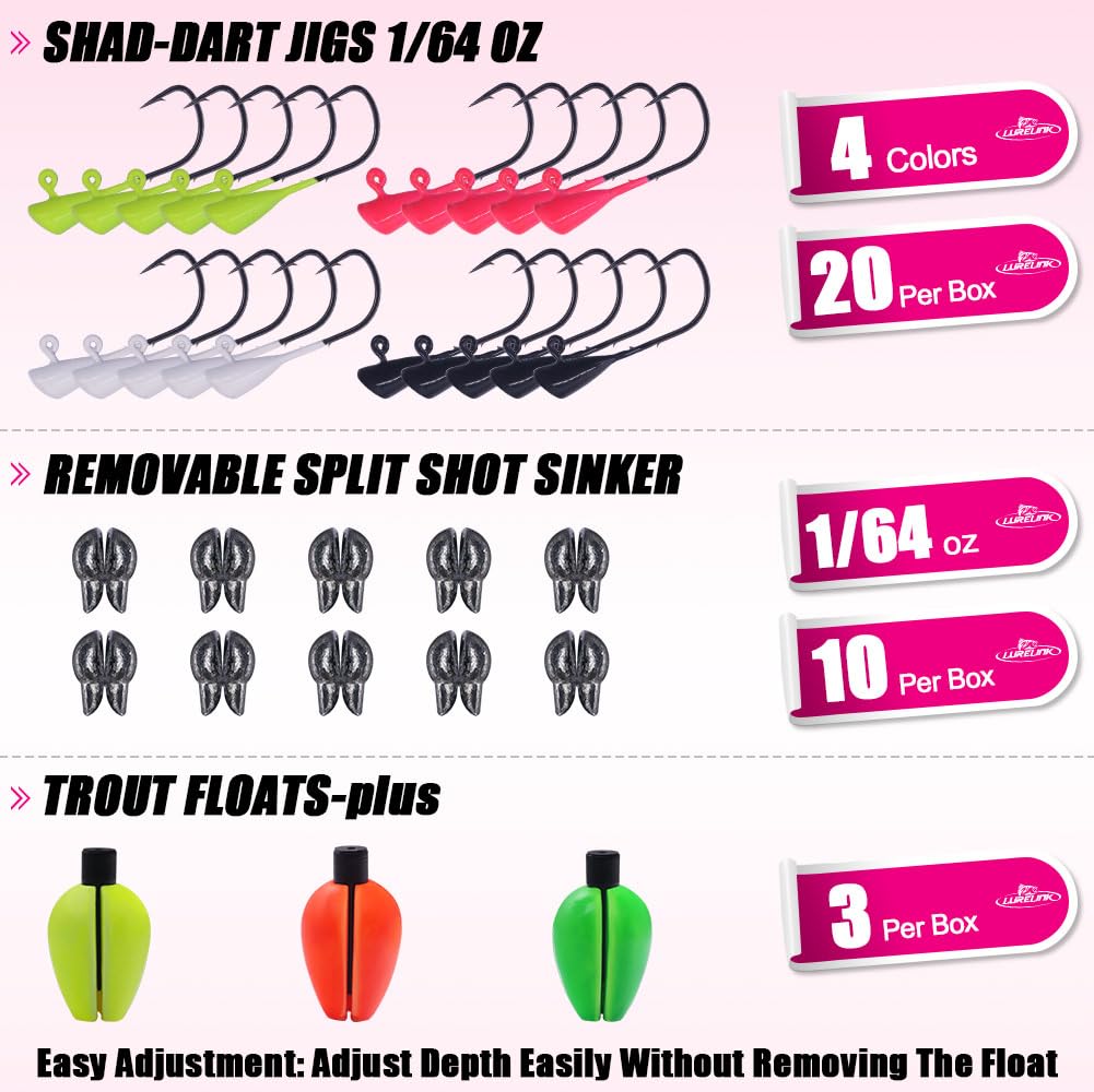LURELINK 165-Piece Trout Lure Kit for Creek & River Fishing Gear with Split Tail Grub Worms, Shad Dart Jig Heads, Floats & Sinkers - Ideal for Seasonal Trout Crappie & Panfish