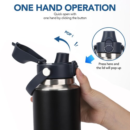 POYAKU Auto Spout Lid for Yeti Rambler 12/18/26/36/46/64 Oz Chug Cap Replacement with Soft Handle for RTIC | Leakproof | BPA Free | Dishwasher Safe (Aotu Spout Lid, Black&Navy)