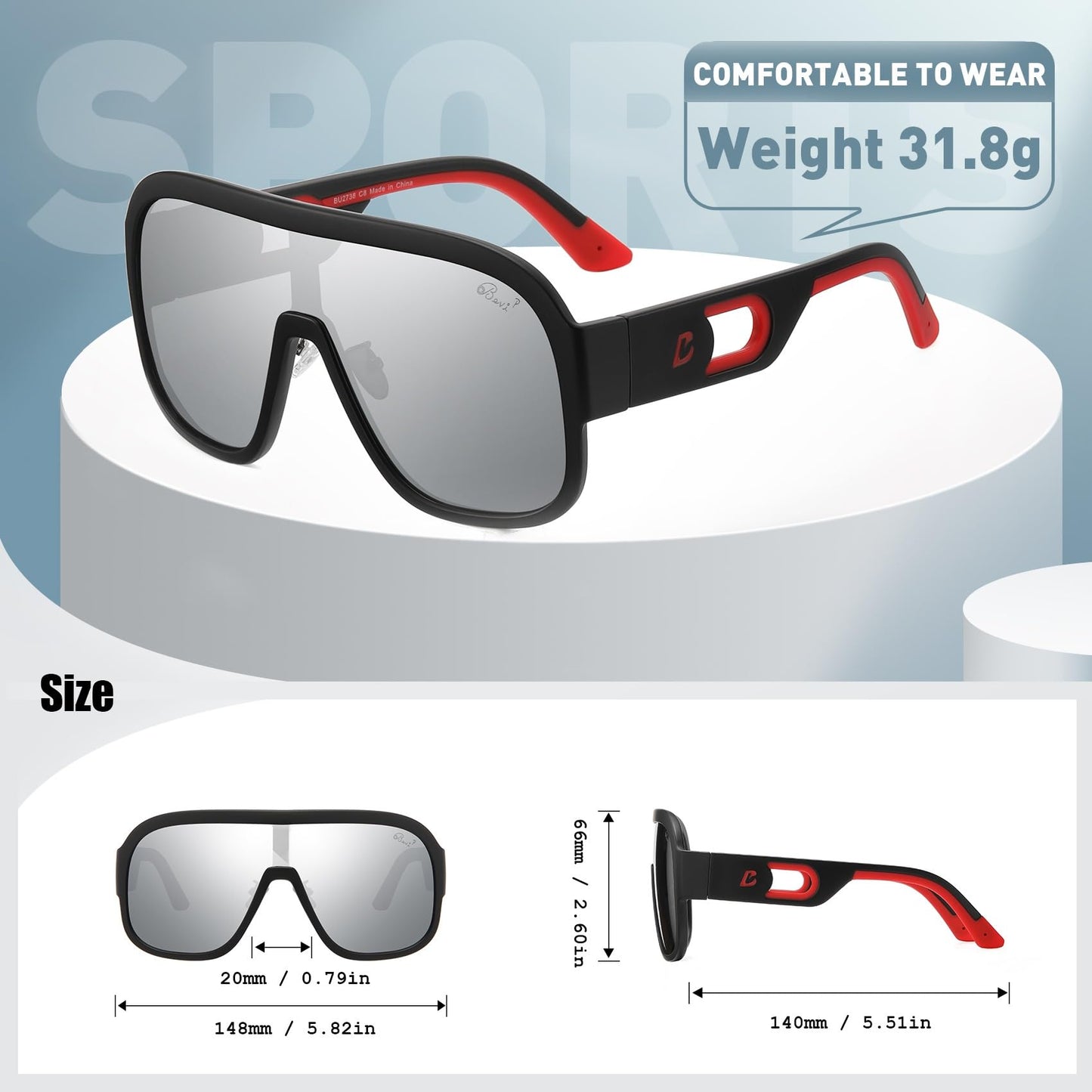 Bevi Sunglasses Polarized UV Protection with Flexible Lightweight Frame Shield Sunglasses for Men Women 2738C1