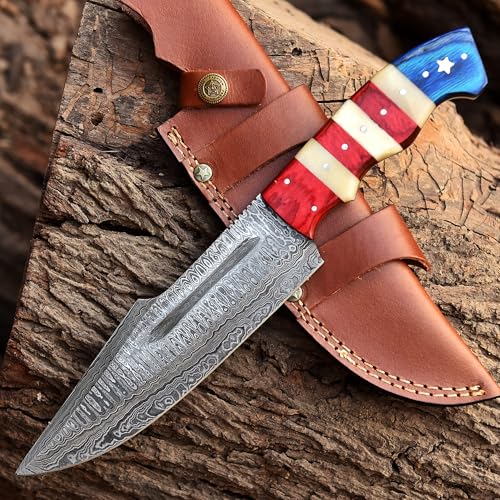 12 Inch Damascus Steel Fixed Blade Hunting Knife with Leather Sheath and American Flag Handle