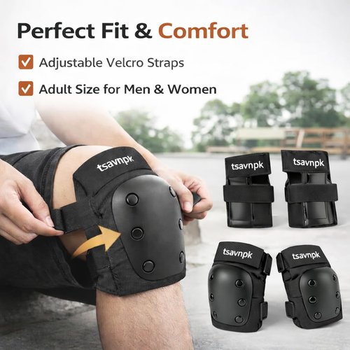 Adult Knee and Elbow Pads Set with Wrist Guards – Skateboarding Protective Gear for Adults, Adjustable Protective Pads for Roller Skating, BMX, Cycling (Black)