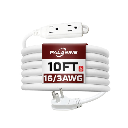 PALARINE Indoor Extension Cord 3 Outlets Flat Plug Power Strip, UL Listed, 16 Gauge 10 ft White 3 Prong Heavy Duty, 16/3 SJTW 13A Outlet Extender