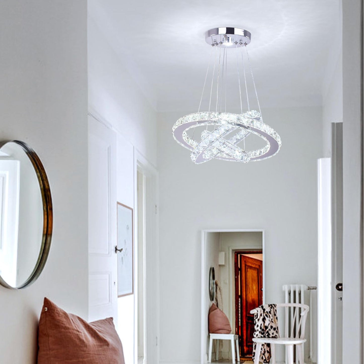 xychfantligh Modern 3 Ring Round Crystal Chandelier Adjustable Stainless Steel Pendant Lighting LED Crystal Ceiling Light Fixture for Living Room Dining Room Bedroom (Cool White)