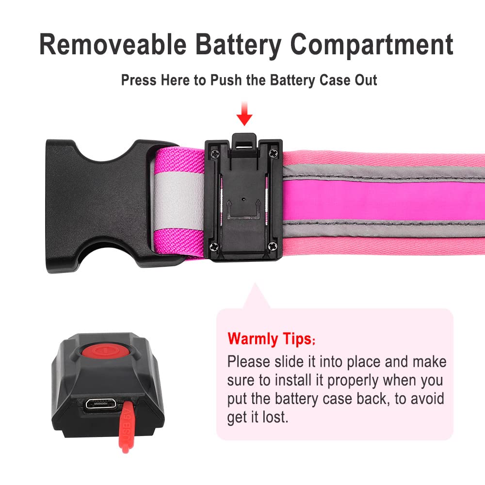 BSEEN LED Running Waist Belt - USB Rechargeable Reflective Glowing LED Waistband, Flashing Safety Light Belt for Runners, Joggers, Walkers, Pet Owners, Cyclists in Candy Pink