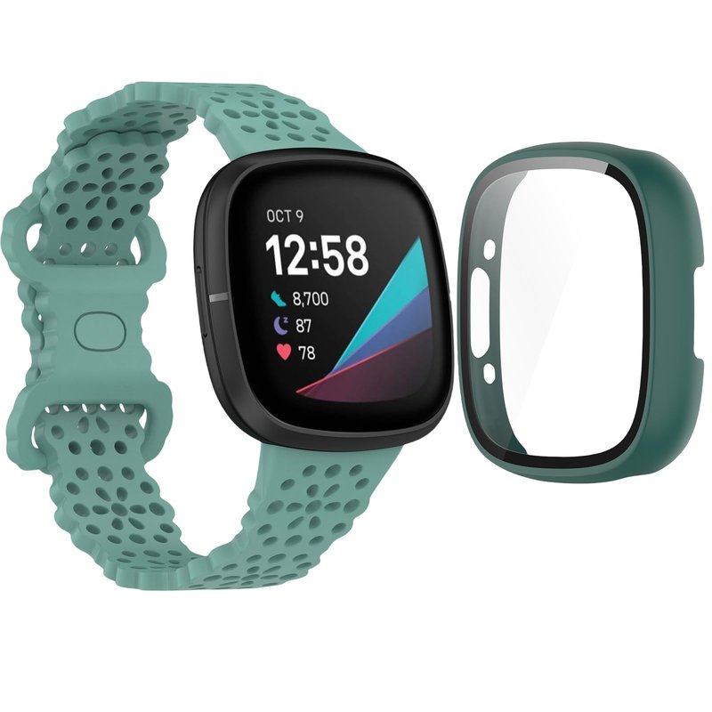QHBAMD Silicone Breathable Strap Compatible for Fitbit Versa 4/Sense 2 Watch Band, Protection PC Case Cover for Versa 4/Sense 2 (Green,Medium)