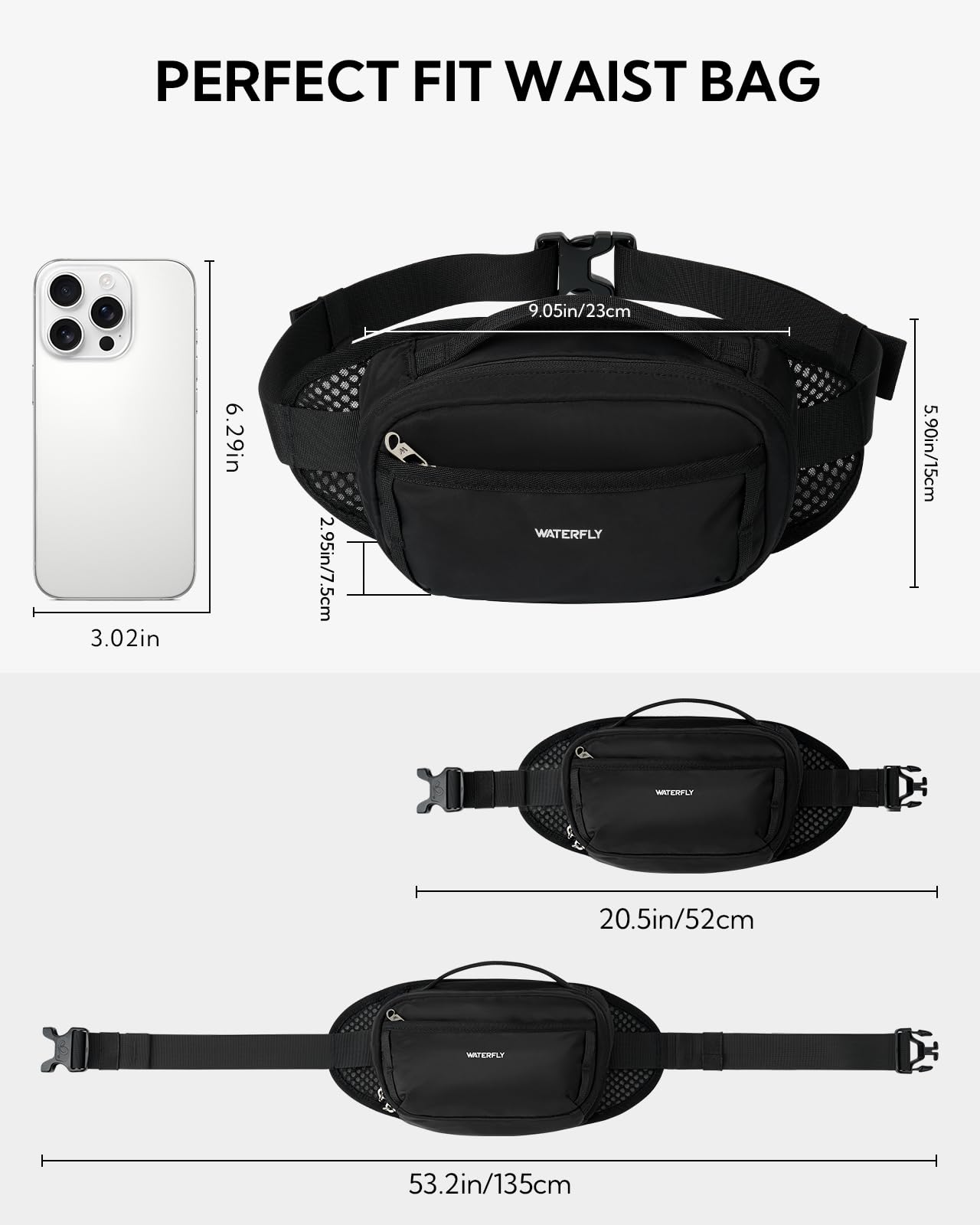 WATERFLY Fanny Pack Waist Bag: 2.3L RFID Blocking Anti-Theft Crossbody Bags with Bellows-Style Opening, Breathable Casual Hip Pack for Women Men Traveling Walking Hiking-Black