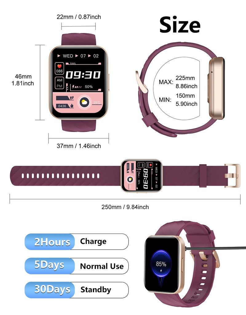 Smart Fitness Tracker Watch with Bluetooth Call, 1.85-inch Display, Heart Rate Monitor, Sleep Tracking, Purple, IP68 Waterproof, for Women