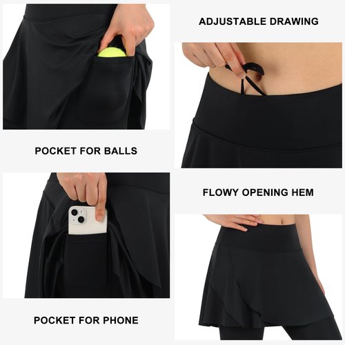 ANIVIVO Skirted Leggings for Women with Pockets, Tennis Yoga Golf Pickleball Skirt with Capris Leggings(All-Black,M-Huan)