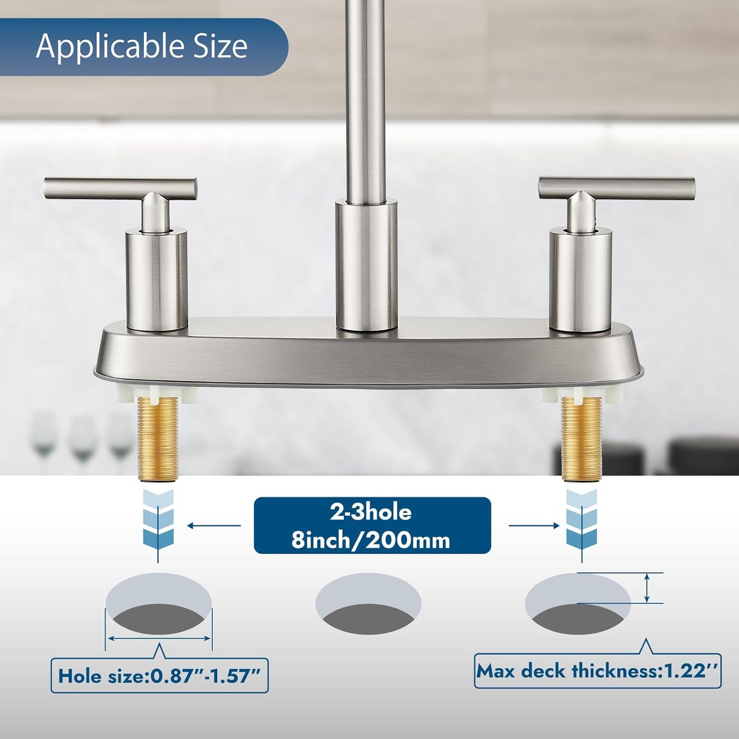 Brushed Nickel Kitchen Faucet with 360° Rotating Spout & Side Sprayer - 2 Handle, 8 Inch Centerset