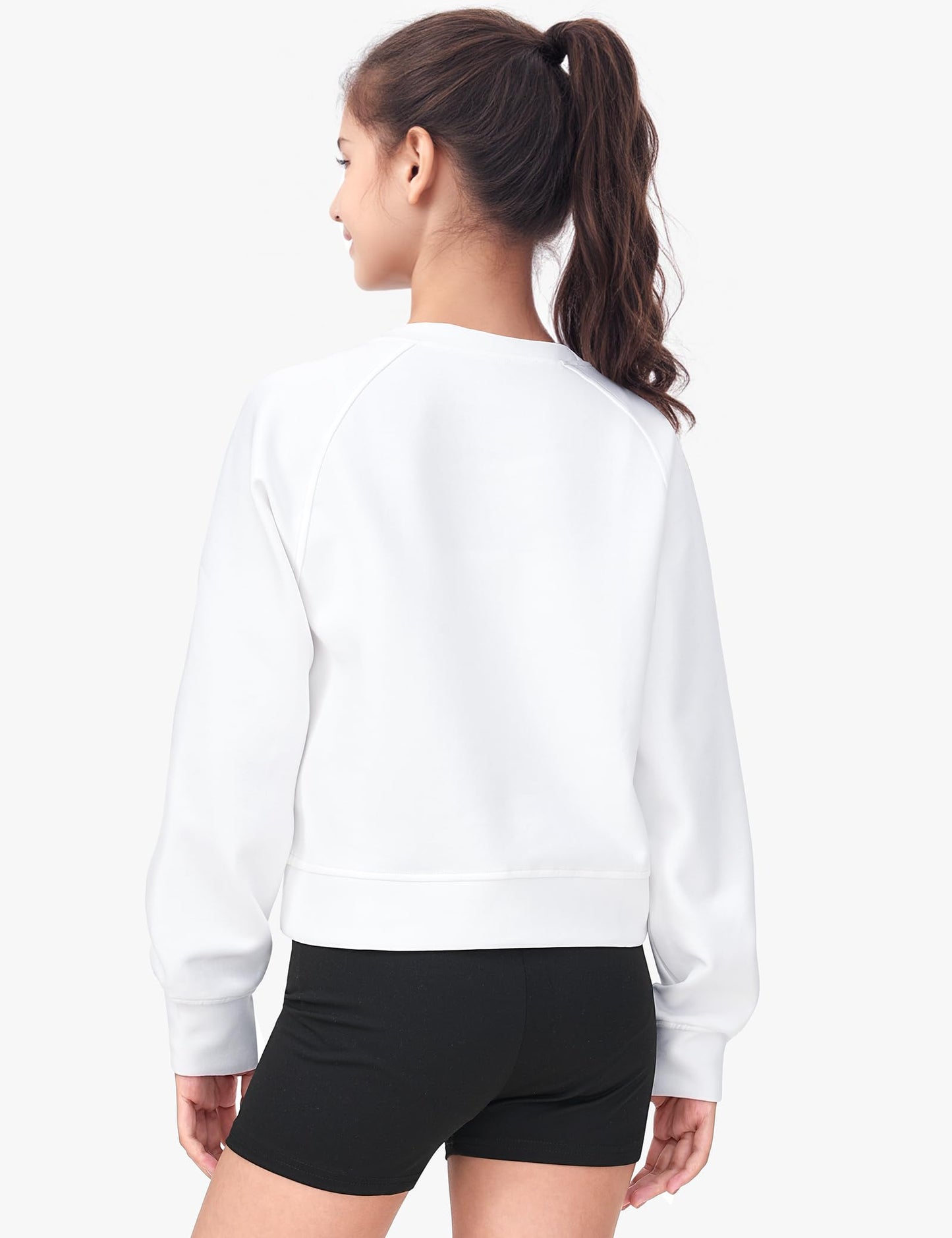 JOCMIC Girls Crewneck Sweatshirt, Long Sleeve Plain Shirts Crop Tops with Thumbholes for Teens Youth White 11-12 Years