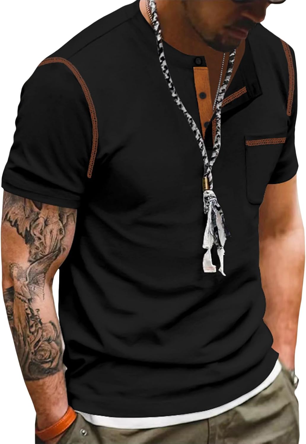 Skiennix Men's Henley Shirt - Fitted Short Sleeve V-Neck Top in Solid Colors for Summer Comfort