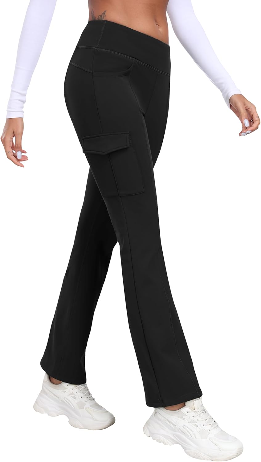 MoFiz Women's Fleece Lined Cargo Pants - Water Resistant Thermal Leggings | Black, Size L