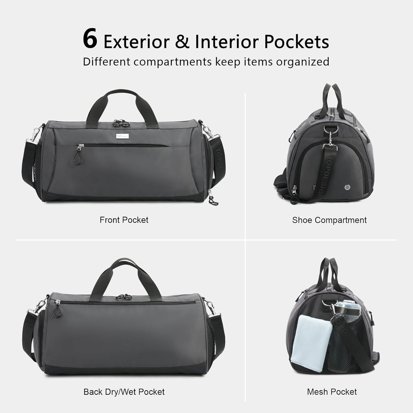 TOPDesign Gym Bag - Unisex Duffel with Shoe Compartment & Wet Pocket for Travel | Light Grey