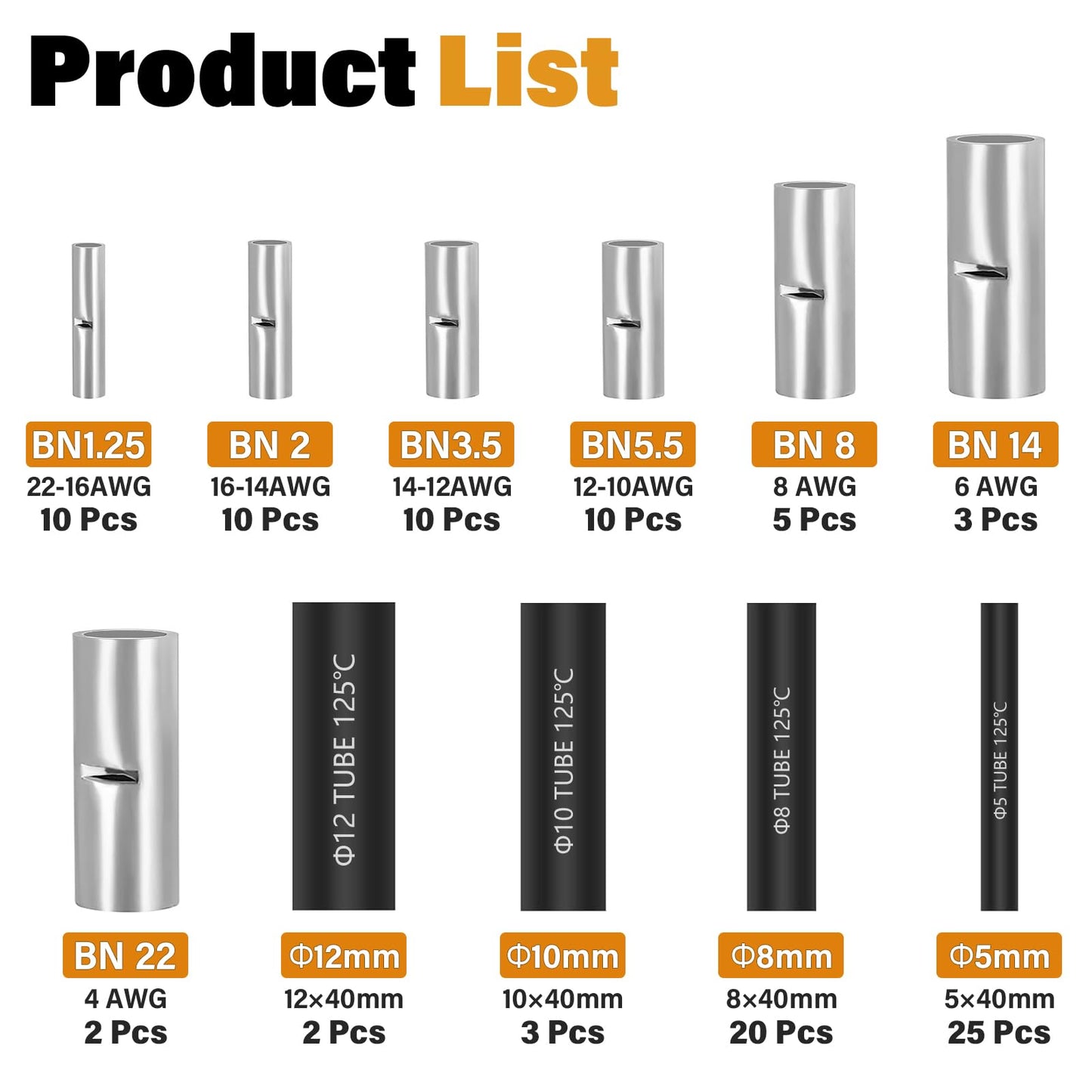 JTAREA 7 Values Non Insulated Butt Connectors Crimp with Heat Shrink Tube Uninsulated Wire Crimps Connector Pure Copper Splice for 22-16 16-14 14-12 12-10 8 6 4 AWG Gauge Wiring (Pack of 100pcs)