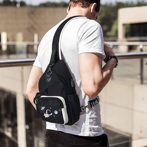 FEWOFJ Sling Bag for Boys with USB, Small Chest Pack with Side Pocket, Travel Shoulder Backpack(Astronaut)