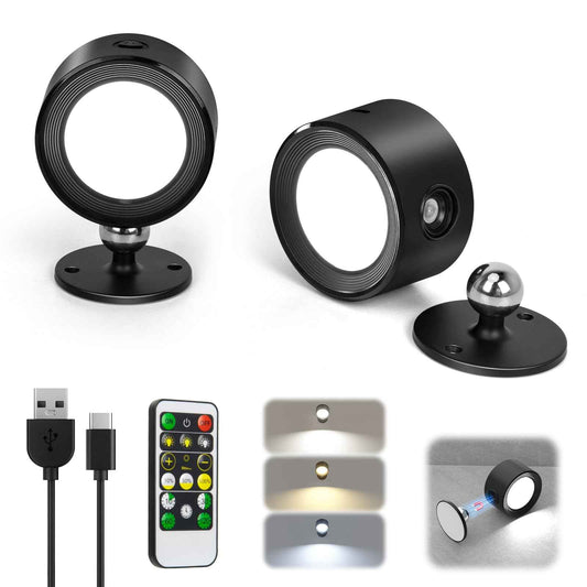 LED Wall Lights, Wall Lamp 3 Color Temperatures & Dimmable Magnetic 360° Rotation with Remote, Wall Sconces 2 Pcs with 3000mAh Rechargeable Battery, Cordless Wall Light for Reading Bedside Hallway